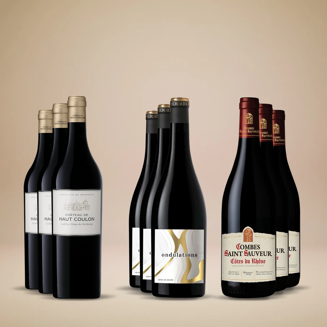 Fransk rödvinsmix Bordeaux och Rhône (9 flaskor — 178 kr/flaska)